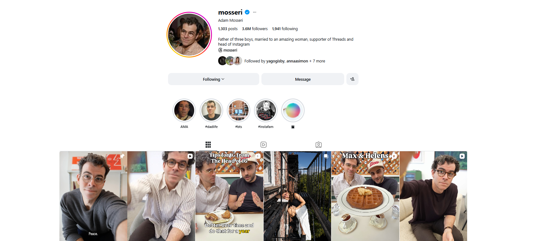 Captura de pantalla del feed d'Instagram d'Adam Mosseri
